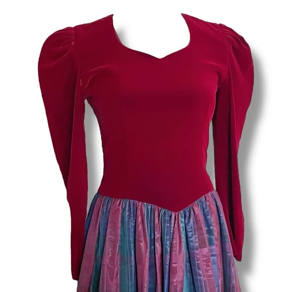 Vintage 1980s Nuit Womens Dress Sz 2 Petite Burgundy Velvet Puff Sleeve Midi - Picture 7 of 13